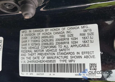 2019 Honda Cr-V Ex-L z USA, uszkodzony, nr VIN 2HKRW2H82KH658520